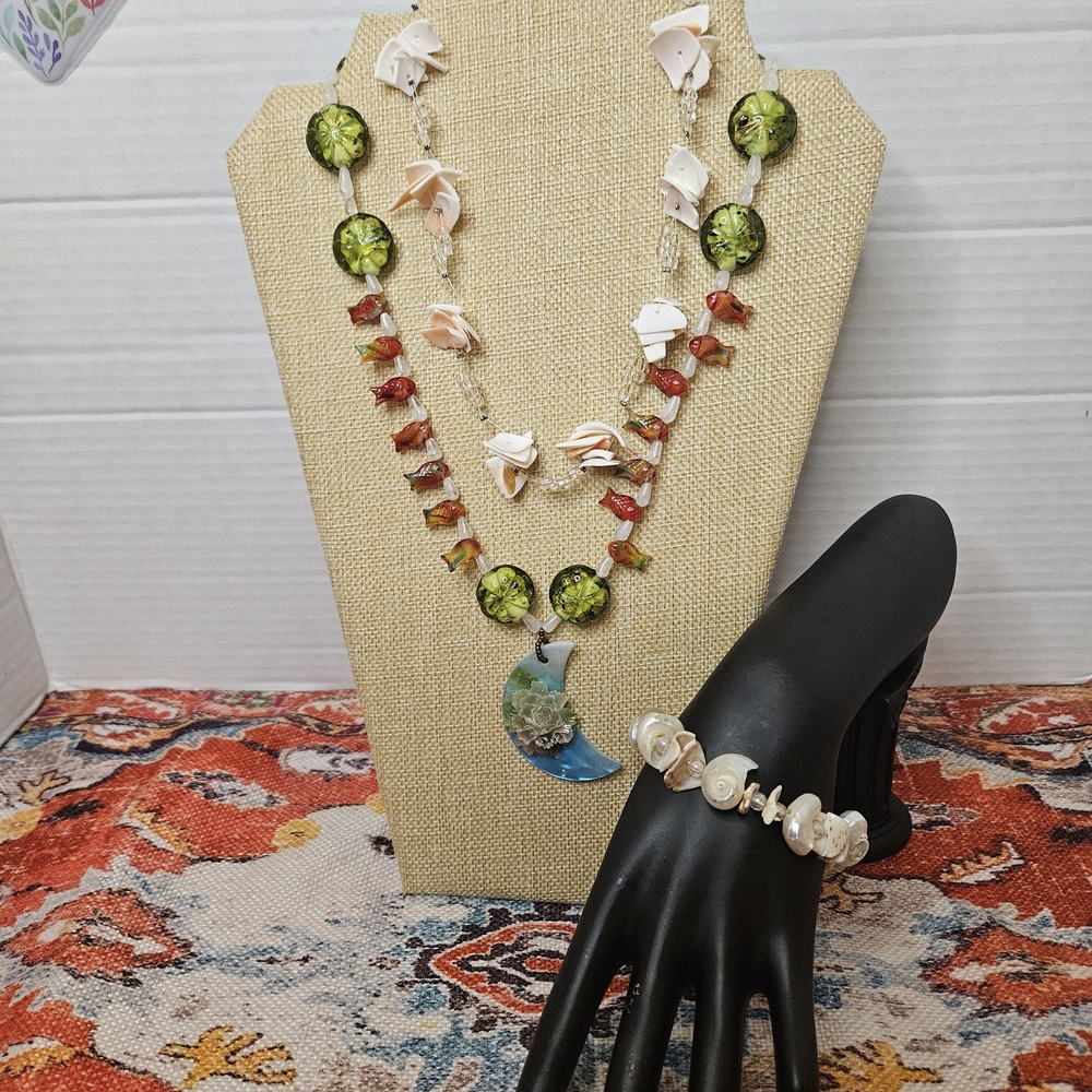 Handmade Unique Glass And Moonstone Necklace And A Set Of Shell And Glass